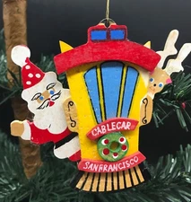 Christmas RARE ornament Schmid EMGEE wooden Santa & deer San Francisco Cable Car