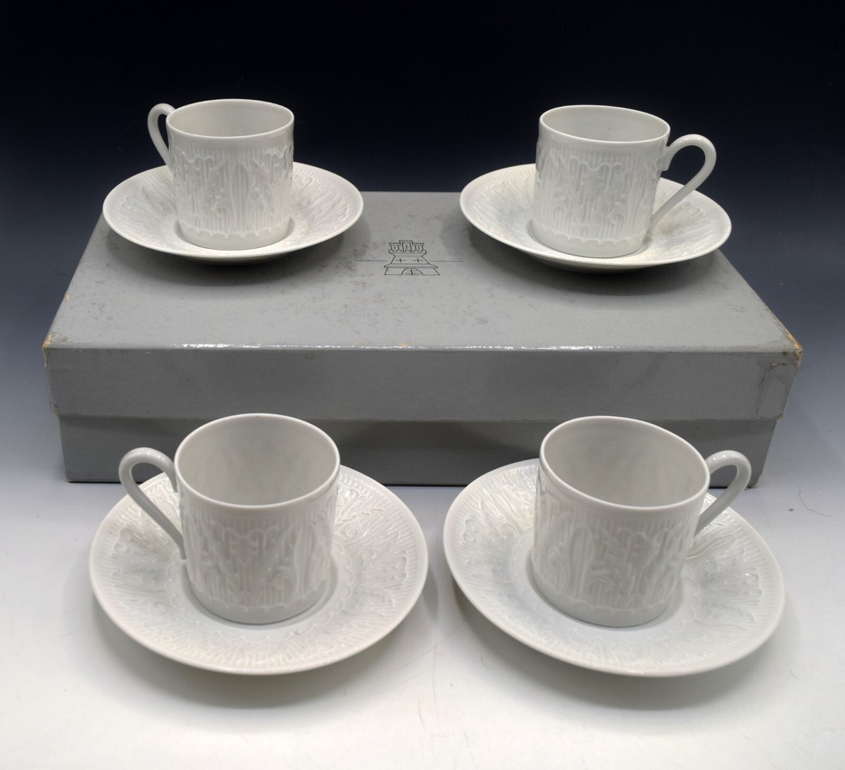 HAVILAND LIMOGES WHITE EMBOSSED SET OF 4 DEMITASSE ESPRESSO CUPS