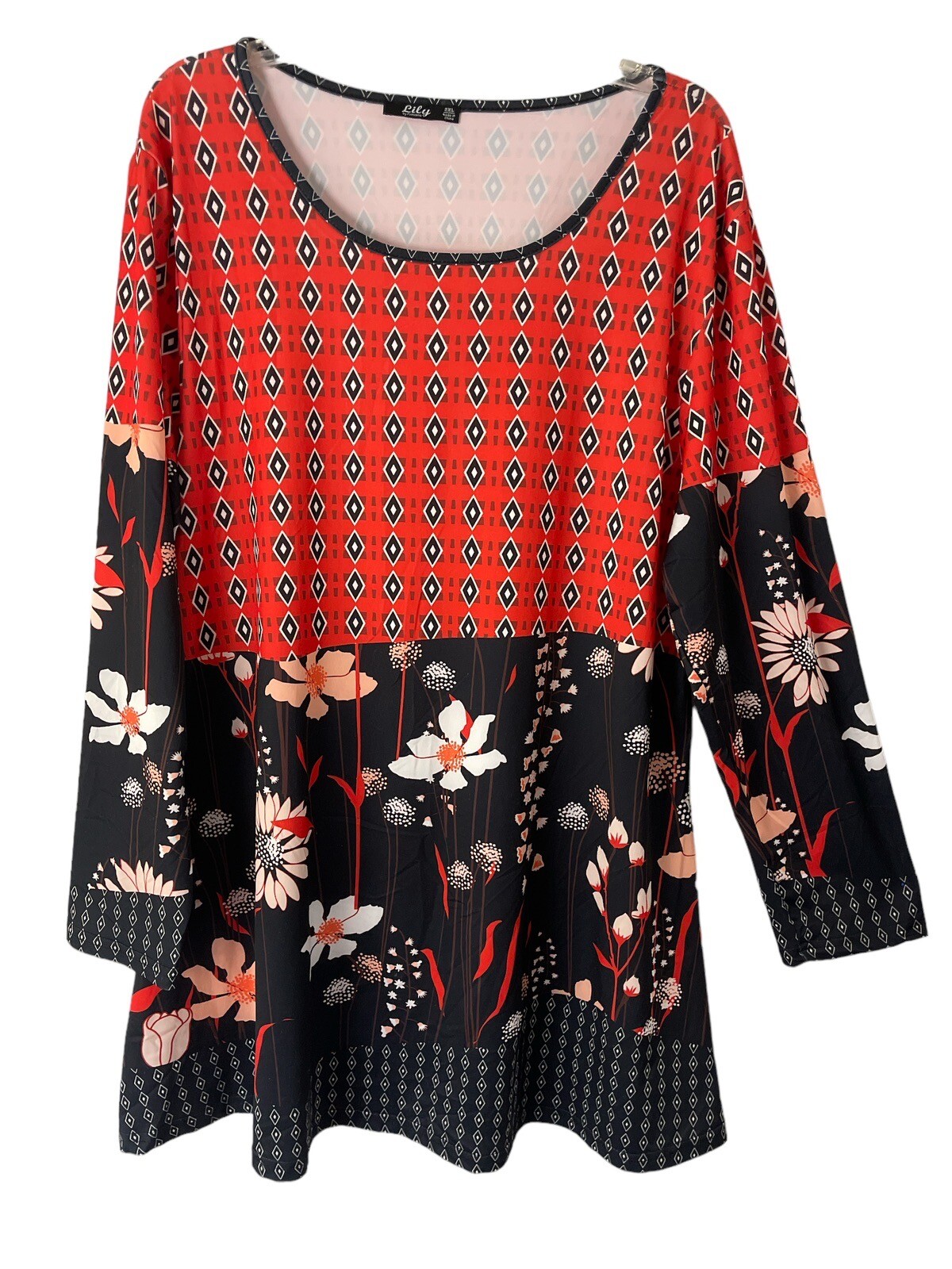 Lily Firmiana Top Women XL Plus Tunic Red Navy Stretch Knit Flowy Scoop Neck