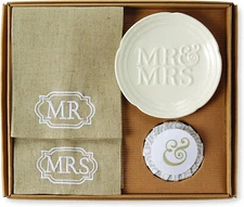 Mud Pie Mr and Mrs Embroidered Guest Towels and Soap Dish Bathroom 4 Piece Set