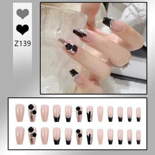 24 Pcs Fake Nails Press on Reusable Designs Set French Artificial Aurora Diamond - Picture 45 of 85