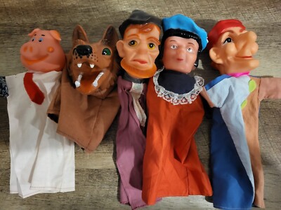 Punch And Judy Hand Puppets Lot of 5 Plastic Wolf Pig