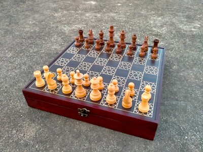 Indian Handmade Vintage Wooden Chess GAME Board With Wooden Chess Pieces Set,