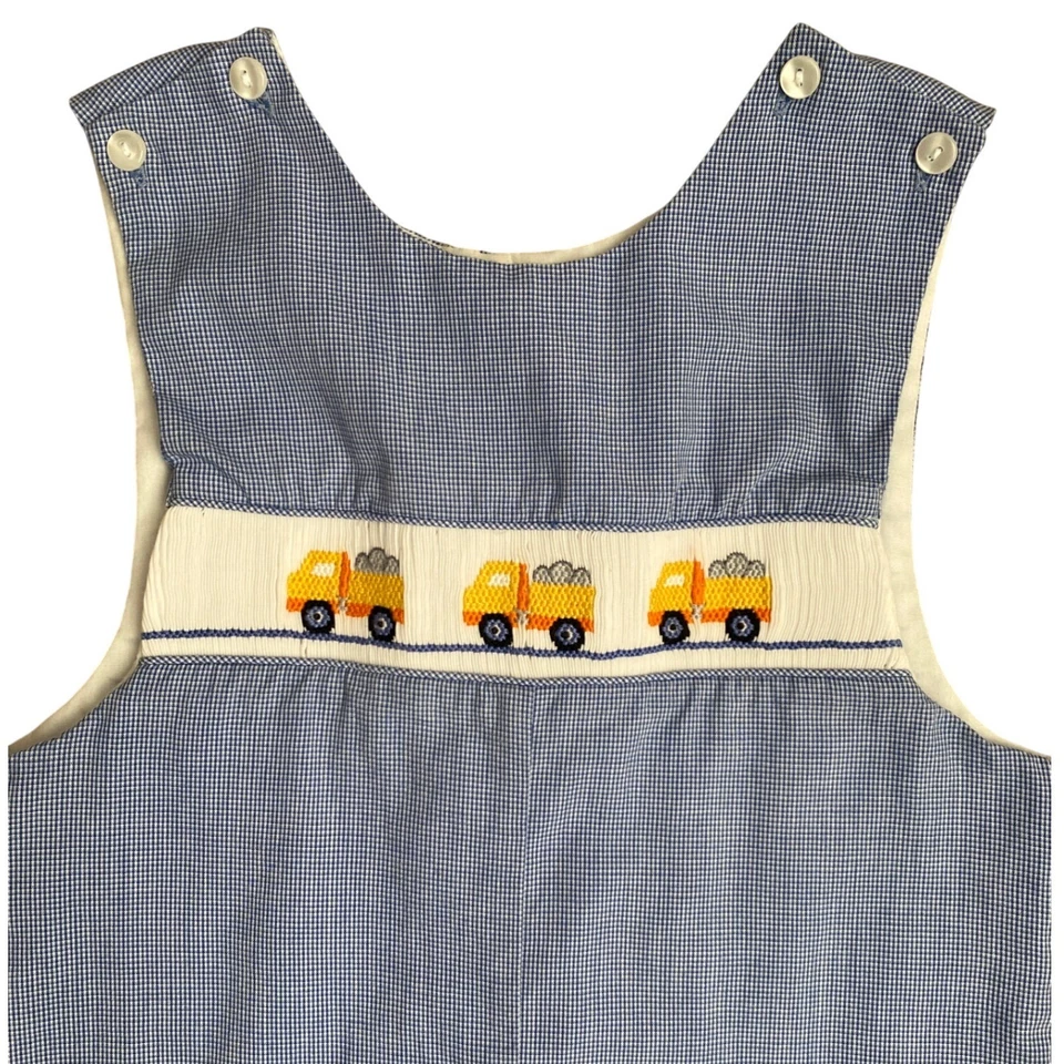 PETIT BEBE Blue Gingham camion con cassone ribaltabile pezzo unico salopette bambino ragazzi 3T - Immagine 2 di 4