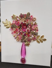 Jewelry art repurposed pink floral picture gold gemstone costume art Brooch 