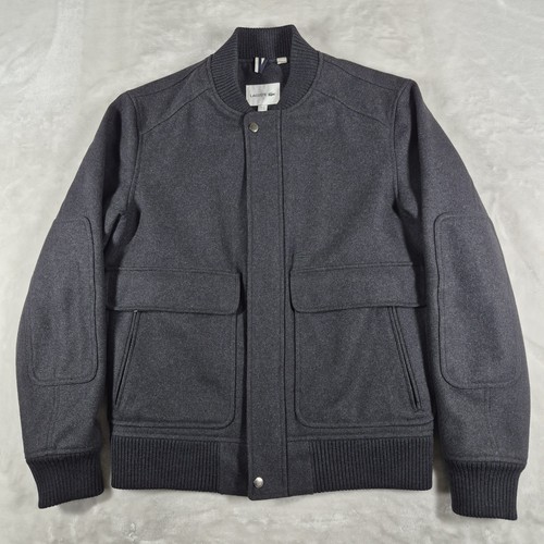 Lacoste Bomber Varsity Coat Jacket Men's Medium Gray Wool Blend Full Zip Pocket