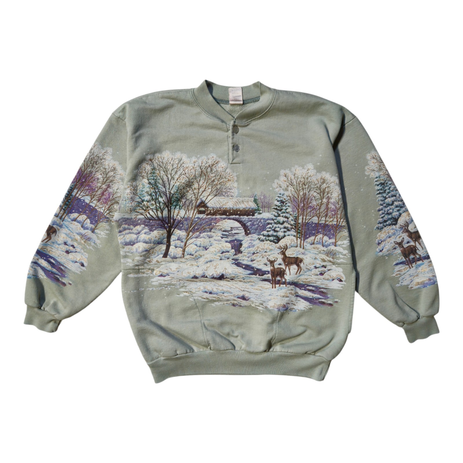 Vintage Grannycore Nature Winterscape Deer Wraparound Print Henley Sweatshirt