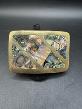 Vintage Belt Buckle Abalone Shell Inlay Solid Brass Alloy 1970s Stylish 3 Inches