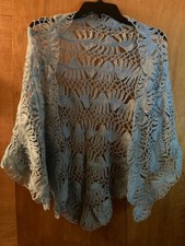Vintage Boho Patterned Crochet Triangle Light Blue Shawl Wrap