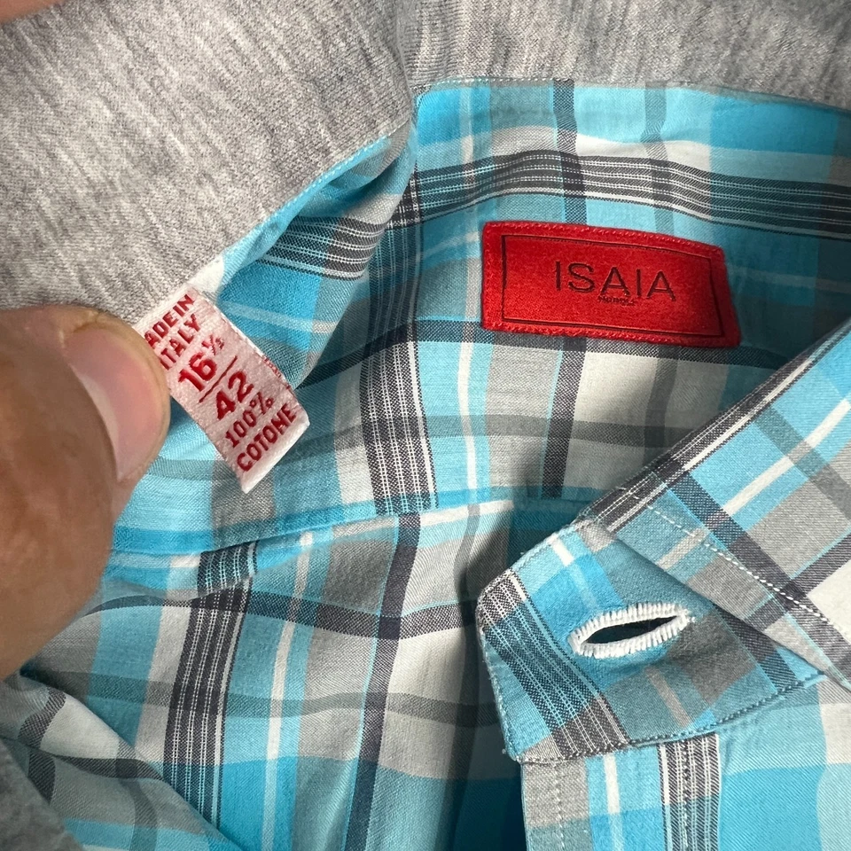 Isaia Napoli Long Sleeve Button Shirt Mens 16.5 / 42 Blue White Plaid Italy - Image 3 of 4