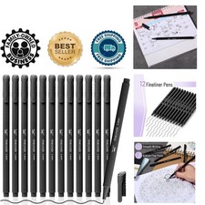 Quick-Drying 12 Black Fineliner Pens - Ideal for Creative Projects Notebooks