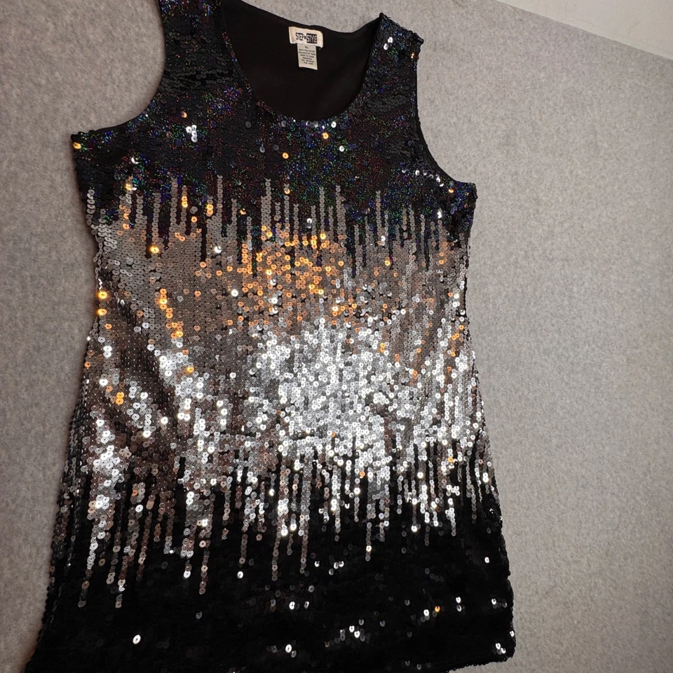 Mini Vestido Lentejuelas Cóctel Fiesta XL Sin Mangas Vacaciones Declaración Nochevieja Foto 3 de 4