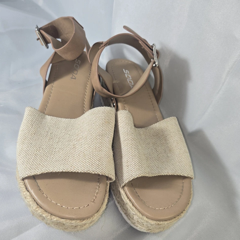 Sandalias de plataforma alpargata de lona marrón 7,5 con correa de cuero al tobillo soda Foto 2 de 4