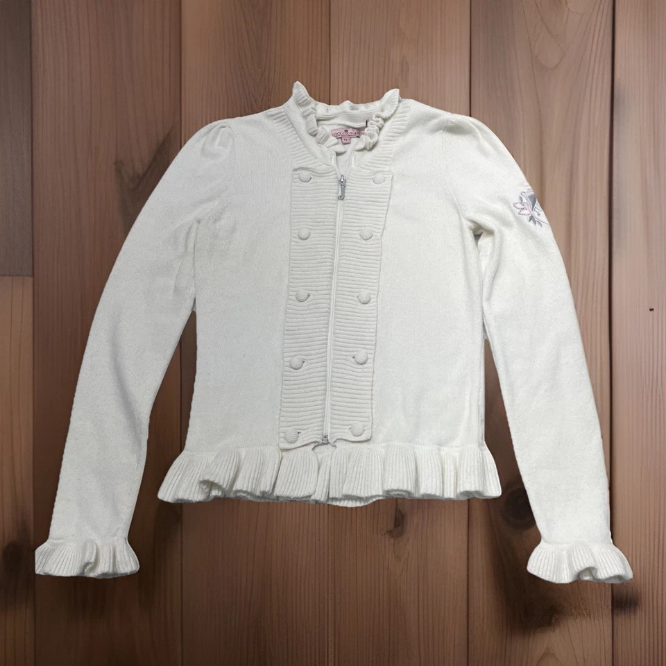 Juicy Couture Vintage Marfil Tejido Suéter Volantes Cremallera Completa Chaqueta Cárdigan Talla 14 Foto 2 de 4
