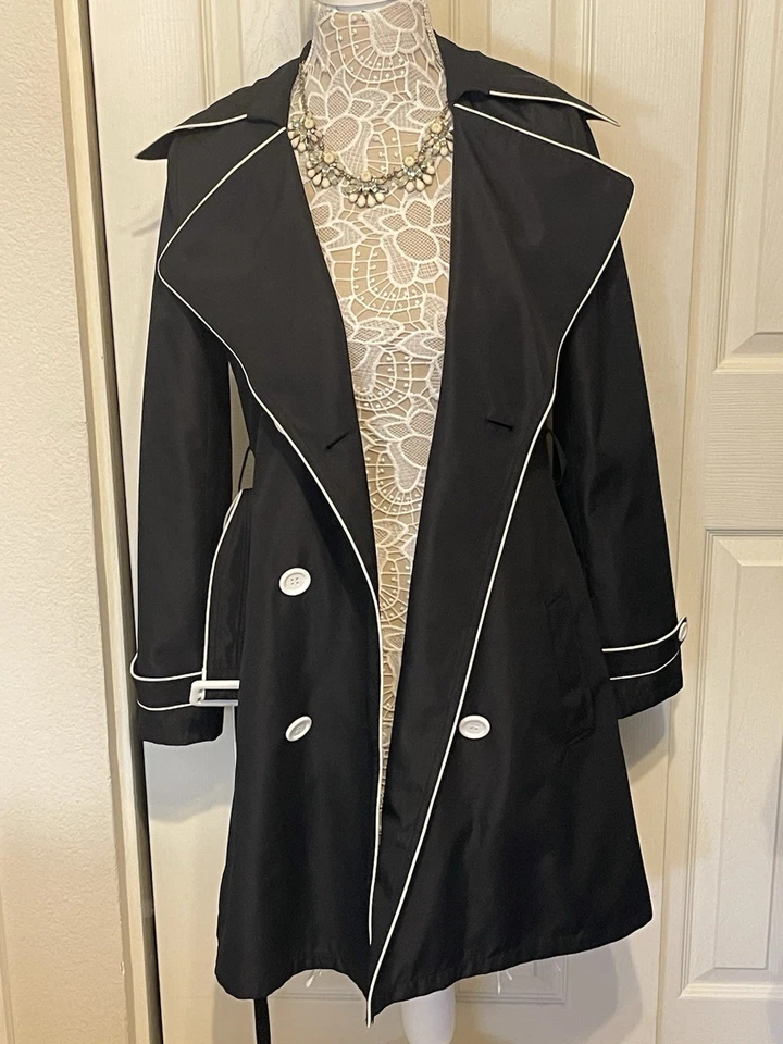 VERTIGO Paris Negro Doble Pecho Cinturón Gabardina Chaqueta de Lluvia Para Mujer S Foto 4 de 4