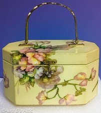 Vintage 60's Lovely Floral Decoupage Cream And Pink Octagon Wooden Box Purse