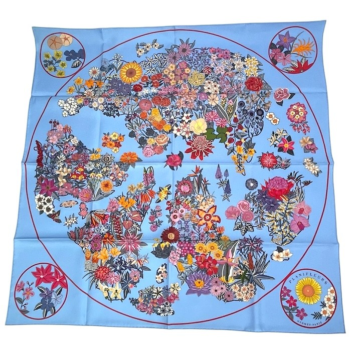 Hermès 花とストラップ スカーフ Hermes Scarf Stole Planifleurs Sky Blue Floral Flower Silk