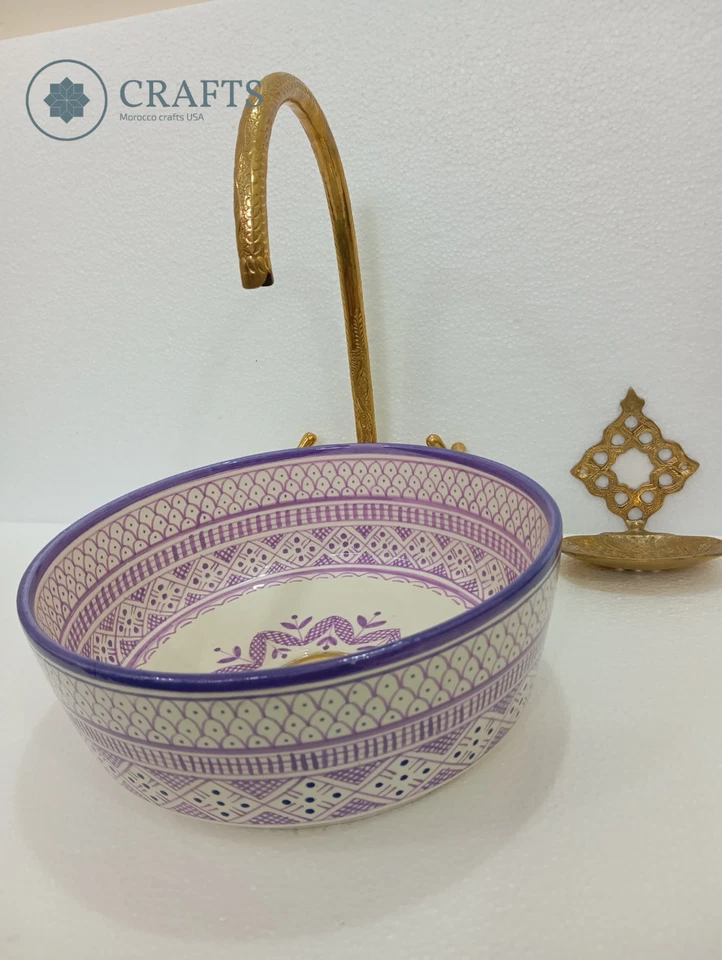 Fregadero de cerámica marroquí hecho a mano púrpura de 12 pulgadas, lavabo de baño redondo  Foto 3 de 4