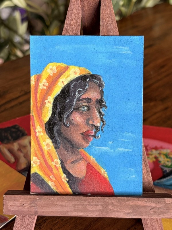 ACEO Original Acrylic Painting, Woman Veil Profile Portrait, Signed OOAK 2.5x3.5