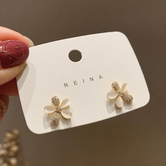 REINA Gold Tone Flower Stud Earrings Crystal Mother of Pearl Butterfly