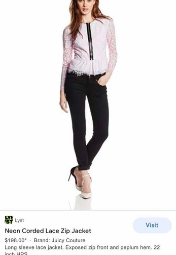 Y2K Juicy Couture Pink Neon Corded Lace Zip Jacket Peplum Frayed Crop Top 2 - Picture 5 of 23