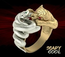 New Snake Tiger Fighting Gold Biker Gothic Silver Mens Ring