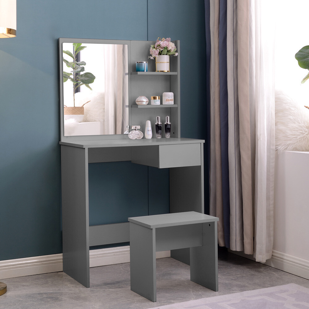 Tocador maquillaje gris con cajón espejo y taburete Mayca Grey