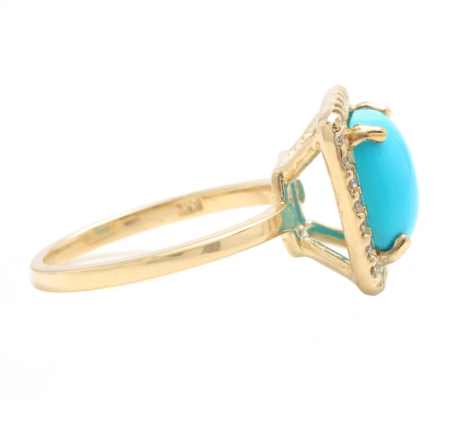 3.52 Carats Natural Turquoise and Diamonds Solid 14K Yellow Gold Cocktail Ring - Image 3 of 4
