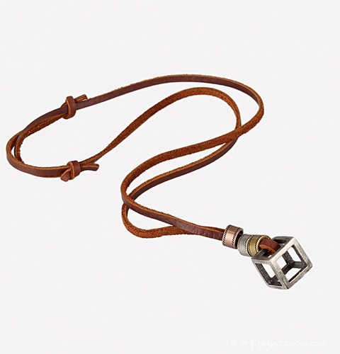 MEN'S LEATHER Necklace brown stainless steel CUBE NECKLACE bikers Surfer S18 - Picture 2 of 2