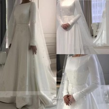Muslim Satin Wedding Dresses Long Sleeves White Sweep Train Elegant Bridal Gowns