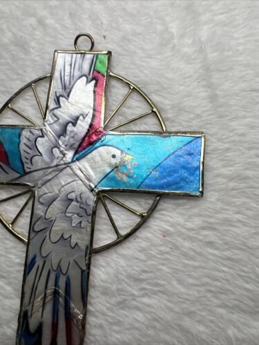 Capiz Shell Painted Cross Dove Gold Trim Beautiful!! 6x4” Red Blue - Picture 5 of 13