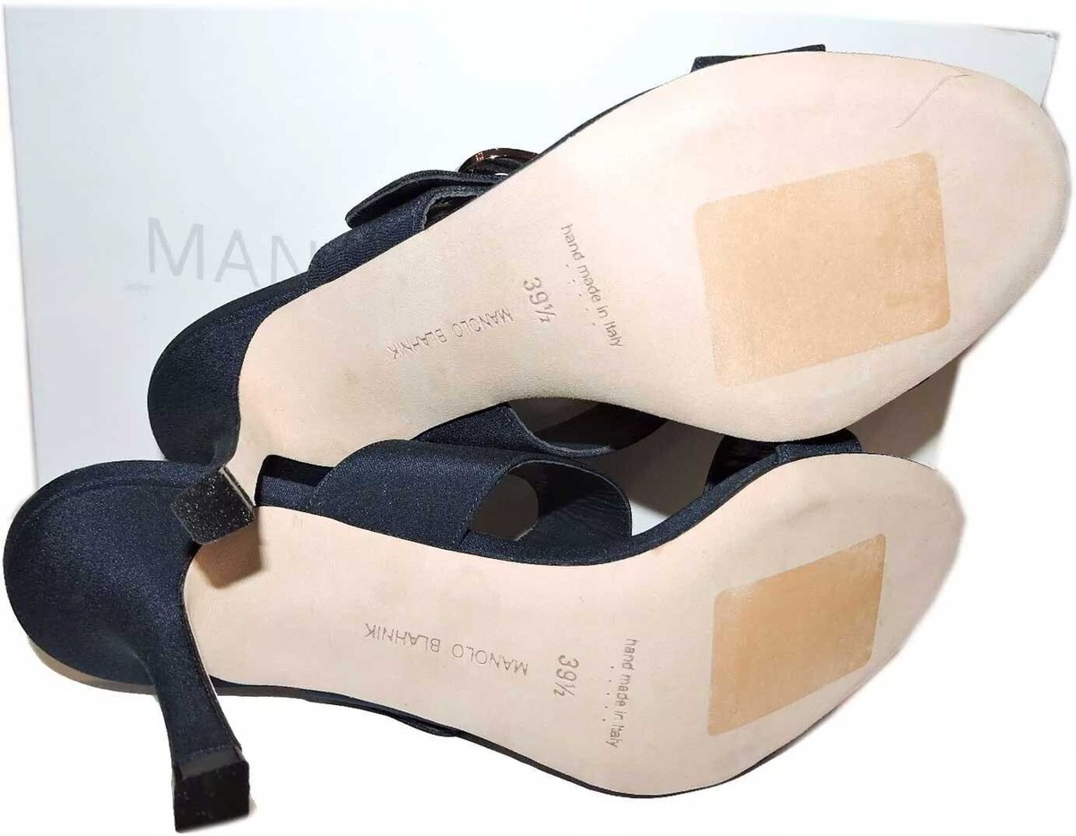SZ 39.5 Manolo Blahnik Sandals Buckle Slides Navy Blue Satin