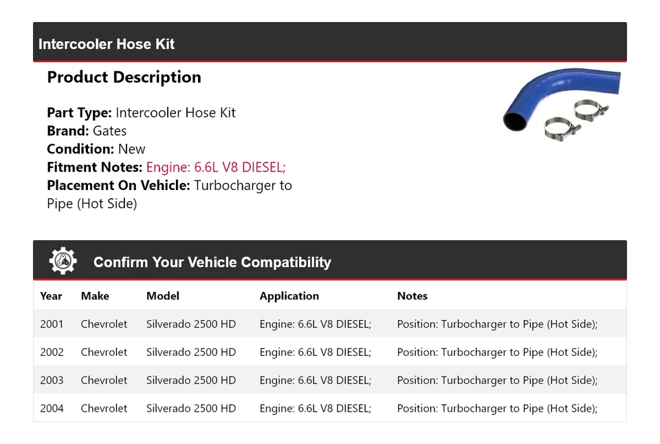 Kit de manguera intercooler puertas 2002 2003 para Chevrolet Silverado 2500 HD 2001-2004 Foto 2 de 4
