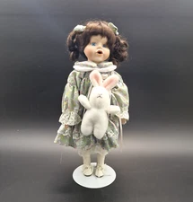 Vintage Peek-A-Boo Porcelain Doll 14.5" Blue Eye Brown Hair w/ Bunny Patsy