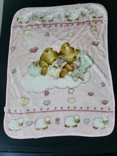 VTG Pink Sleeping Teddy Bears Microplush Throw Blanket Lamb Heart Flower 45x60 - Picture 2 of 22