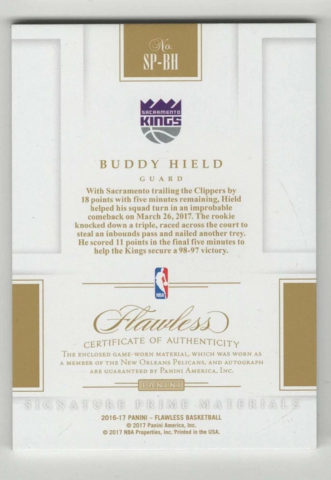 BUDDY HIELD RC 2016-17 PANINI FLAWLESS PATCH AUTO CARD #/25 21/25 RPA - Image 2 of 2