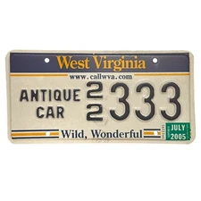 West Virginia WV WVa 2005 Antique Car  license plate Same Numbers #    333