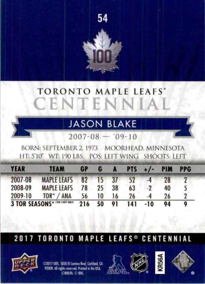 2017-18 Upper Deck Toronto Maple Leafs Centennial Jason Blake #54 - Image 2 of 2