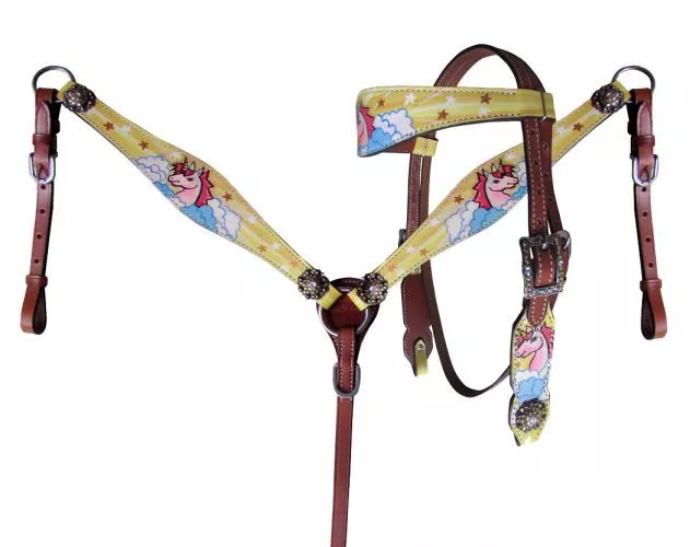 Rainbow Pony Unicorn Leather Pony Tack Set Bridle Breast Collar Wither Strap