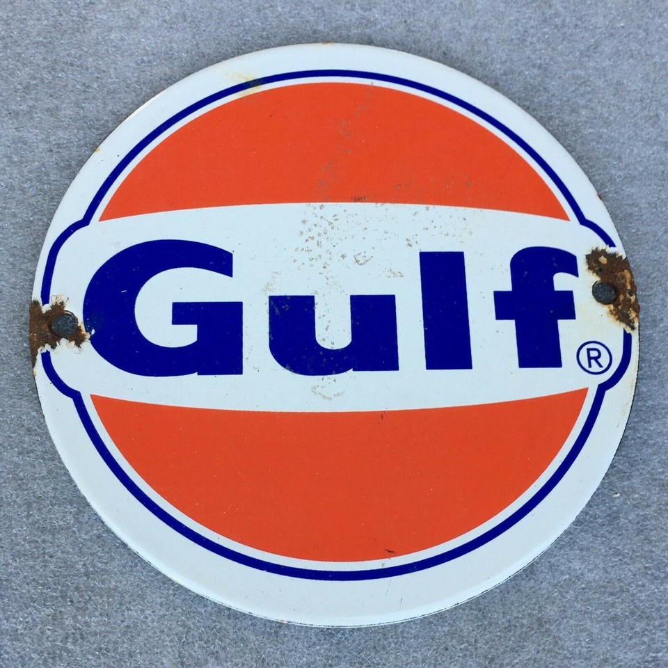 Vintage Gulf Gasoline White Blue Porcelain Metal Enamel Gas Station ...