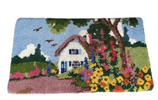 Vtg Latch Hook Yarn Cottage House W/ Flower Garden Shag Rug Wall Hanging 54  x30  