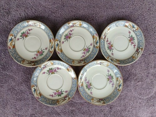 Lenox Ming Saucers White Birds Gold RIm Black Stamp 5 5/8" Set of 5