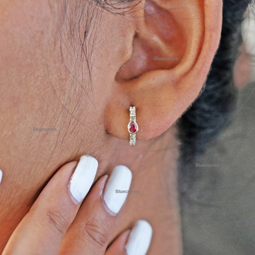3.5x2.5MM Pear Natural Ruby & Natural Diamond Mini Hoops Earrings Solid 14k Gold - Picture 9 of 12