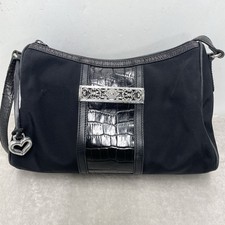 Brighton Black Microfiber Faux Croc Shoulder Bag Handbag Purse w/ Heart Charm