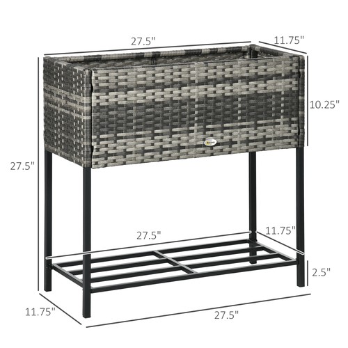 PE Rattan Outdoor Raised Flower Garden Planter Bed Box w/ Storage Shelf, Gray - Picture 3 of 11