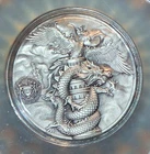 DOUBLE DRAGON & PHOENIX Gabon 1.8 oz 999 Fine Silver Round Antiqued NEW Capsule