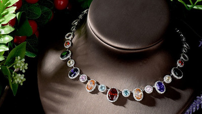 30Ct Oval Cut Lab-Created Multicolor Halo Tennis Necklace 14K White Gold Plated