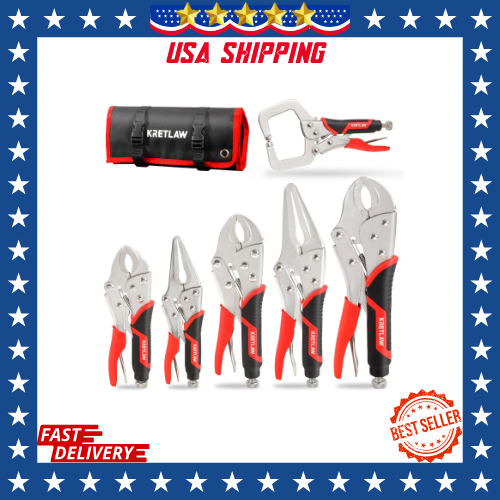 6pcs. Locking Pliers Set C Clamp Curved Long Nose Vice Grip Tools and Roll Pouch