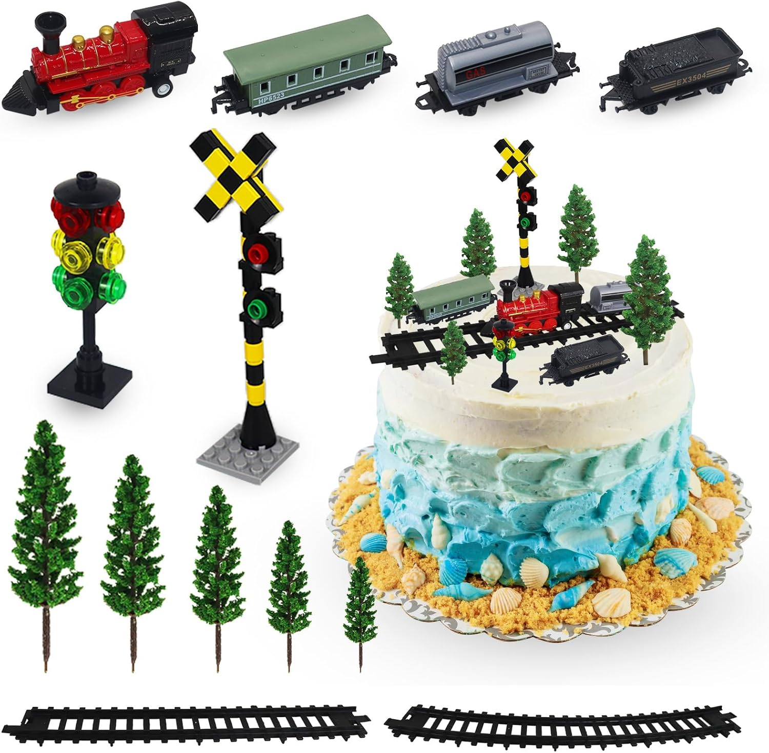 13Pcs Train Pull-Back Model, Train Cake Topper Decorations with Track Railway Tr