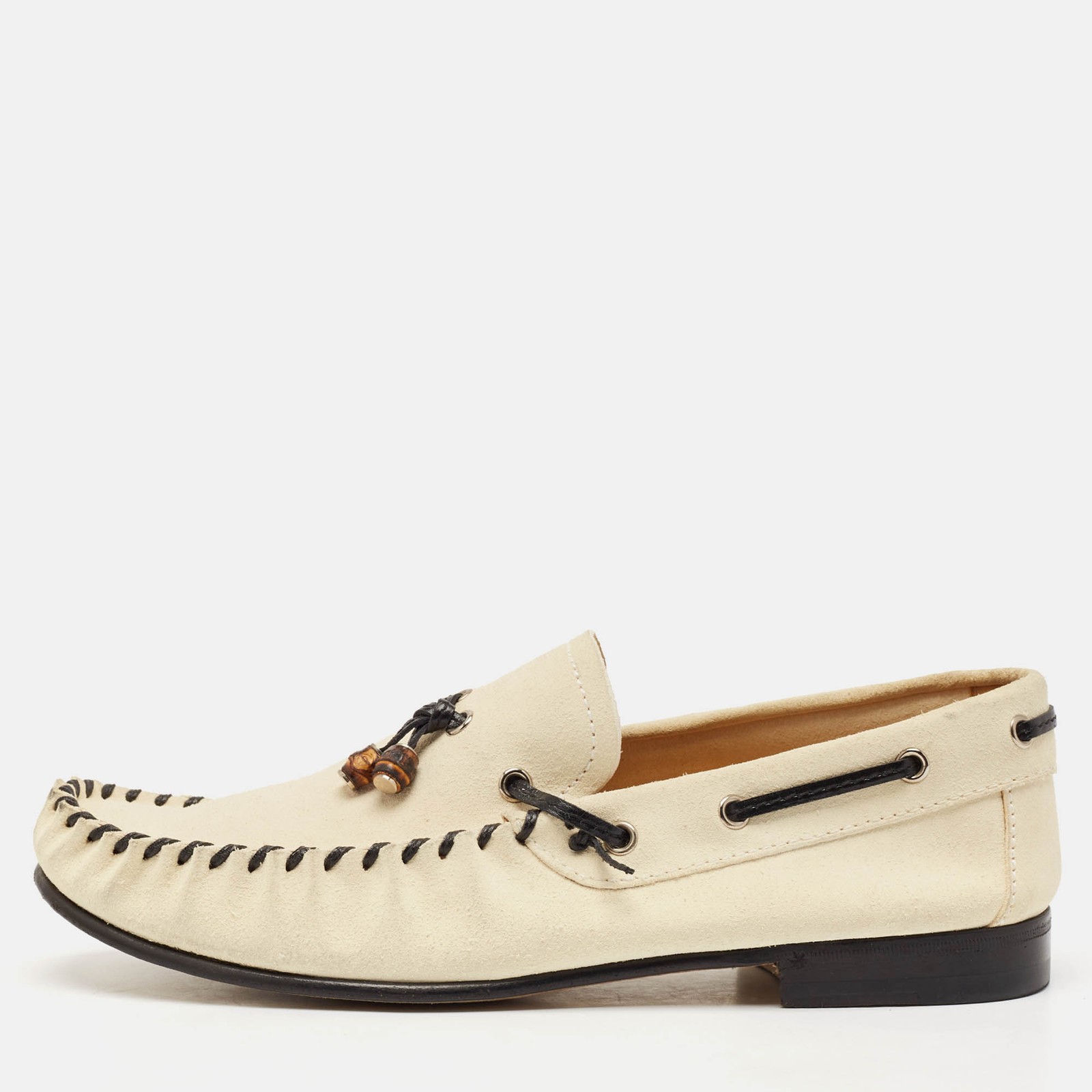 Gucci Beige Suede Bamboo Tassel Slip On Loafers Size 425